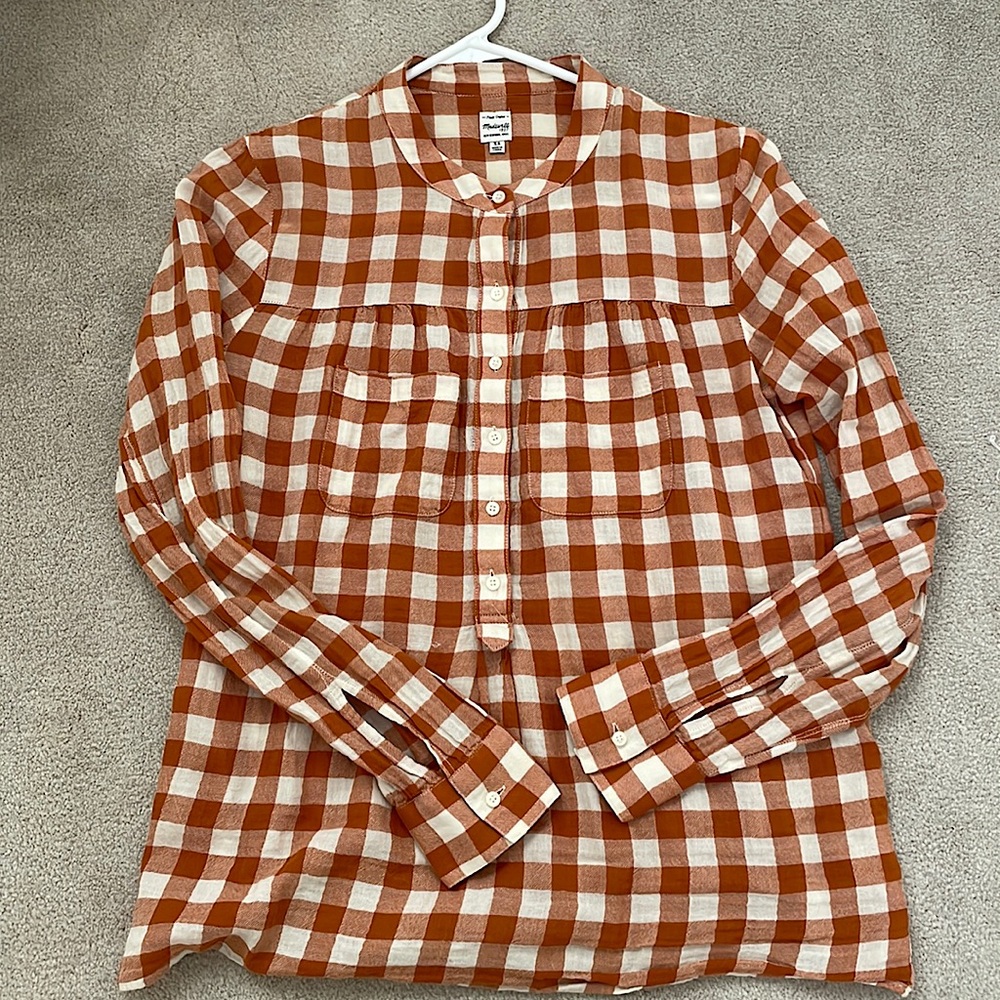 Madewell: orange & white plaid collarless long sleeve